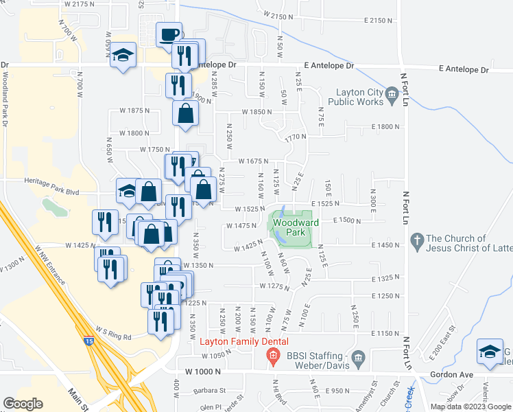 map of restaurants, bars, coffee shops, grocery stores, and more near 1533 North 160 West in Layton