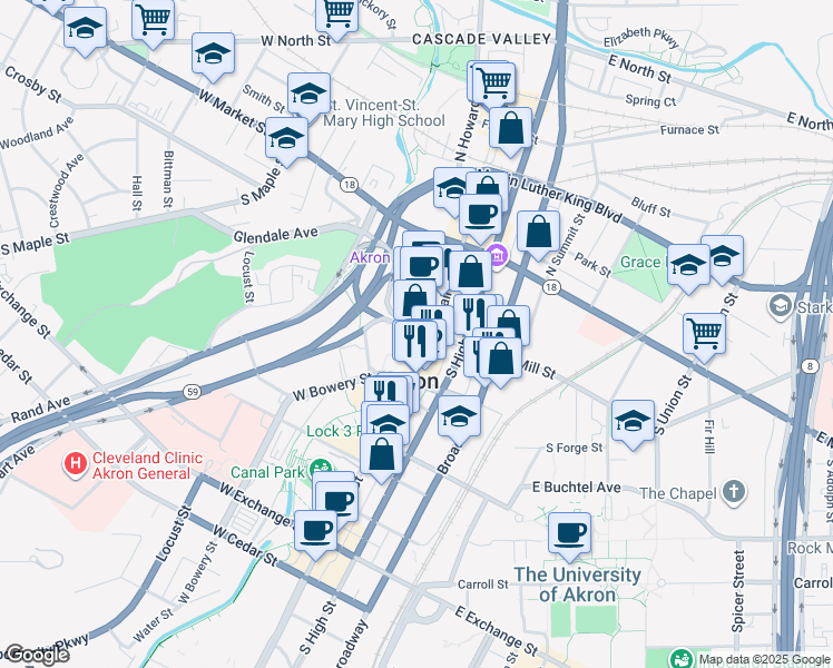map of restaurants, bars, coffee shops, grocery stores, and more near 106 South Main Street in Akron