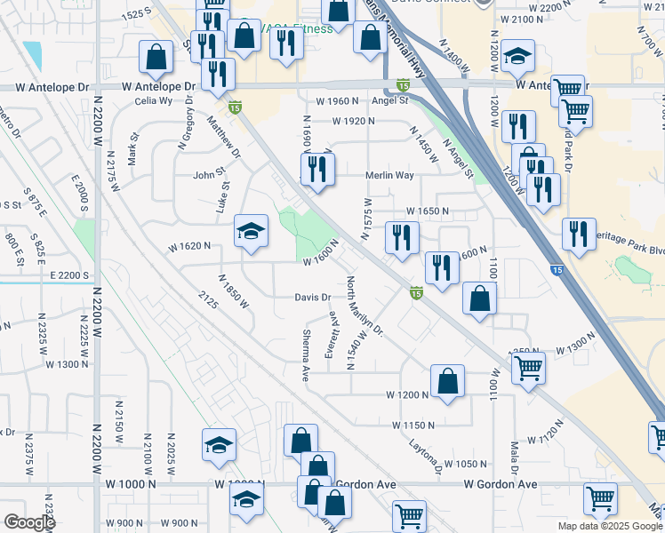 map of restaurants, bars, coffee shops, grocery stores, and more near 1608 Davis Drive in Layton