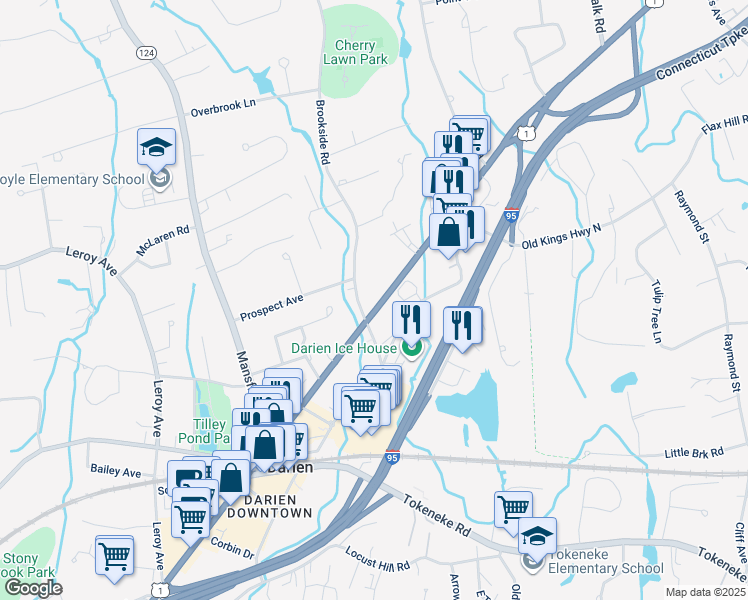 map of restaurants, bars, coffee shops, grocery stores, and more near 599 Post Road in Darien