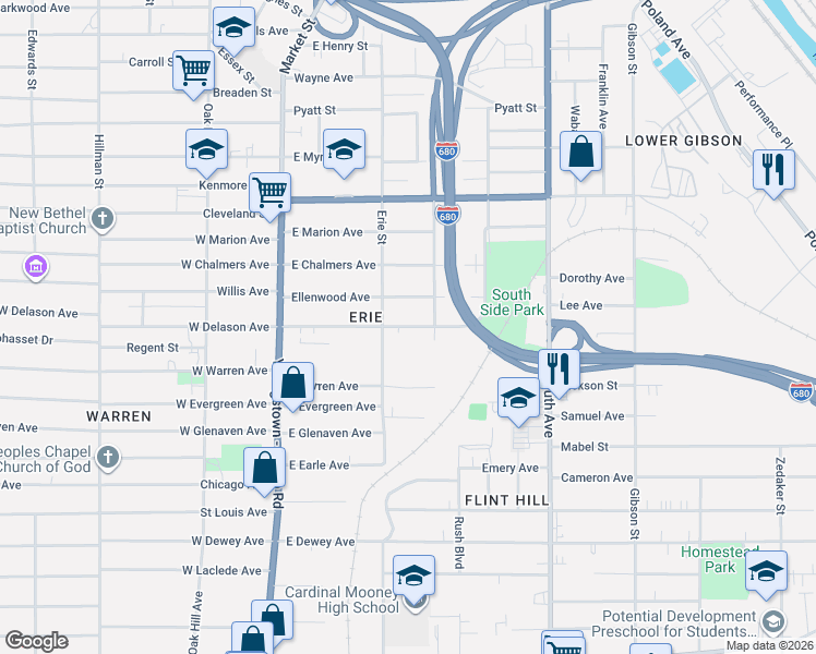 map of restaurants, bars, coffee shops, grocery stores, and more near 133 East Delason Avenue in Youngstown