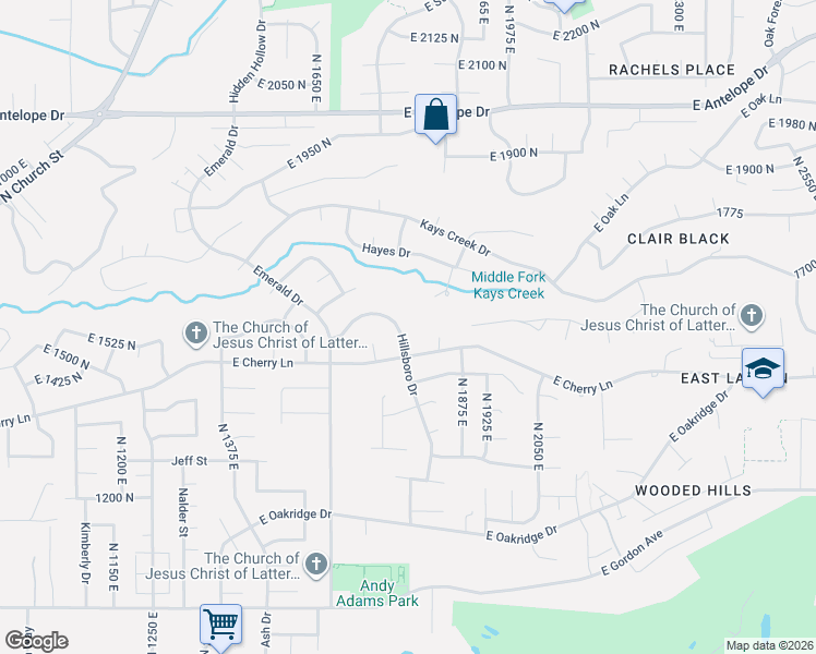 map of restaurants, bars, coffee shops, grocery stores, and more near 1732 Hillsboro Drive in Layton
