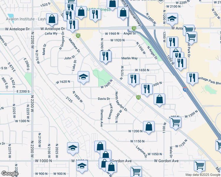 map of restaurants, bars, coffee shops, grocery stores, and more near 1608 Davis Drive in Layton