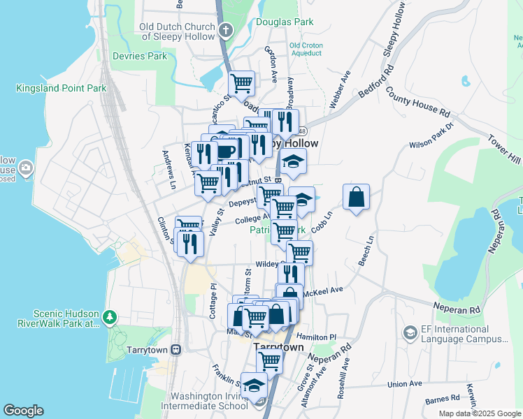 map of restaurants, bars, coffee shops, grocery stores, and more near 157 North Washington Street in Sleepy Hollow