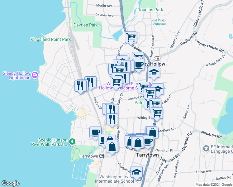 map of restaurants, bars, coffee shops, grocery stores, and more near 95 College Avenue in Sleepy Hollow