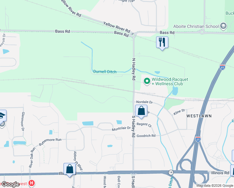 map of restaurants, bars, coffee shops, grocery stores, and more near 107 North Hadley Road in Fort Wayne
