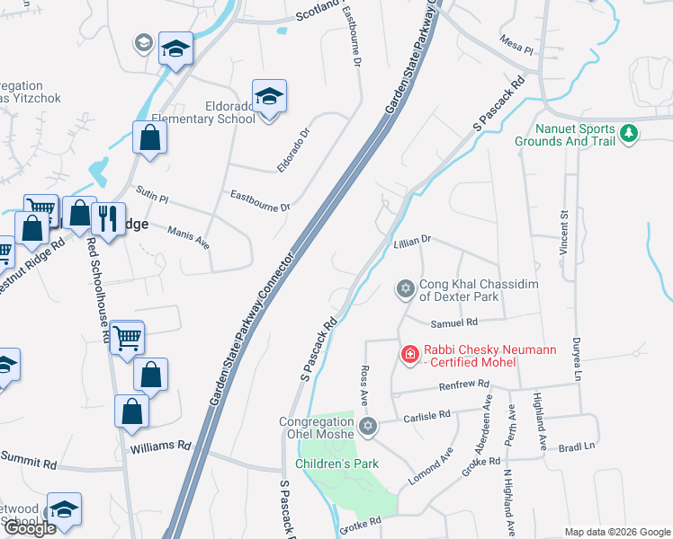 map of restaurants, bars, coffee shops, grocery stores, and more near 433 South Pascack Road in Chestnut Ridge