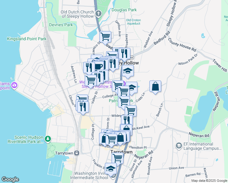 map of restaurants, bars, coffee shops, grocery stores, and more near 178 North Washington Street in Sleepy Hollow
