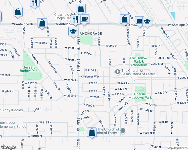 map of restaurants, bars, coffee shops, grocery stores, and more near 141 East 2200 South in Clearfield