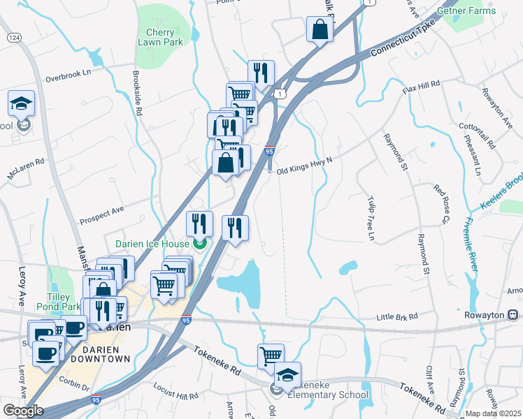 map of restaurants, bars, coffee shops, grocery stores, and more near 1 Parklands Drive in Darien