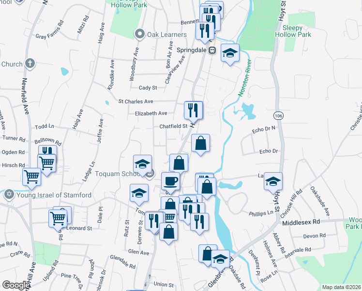 map of restaurants, bars, coffee shops, grocery stores, and more near 654 Hope Street in Stamford