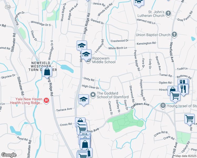 map of restaurants, bars, coffee shops, grocery stores, and more near 59 Unity Road in Stamford