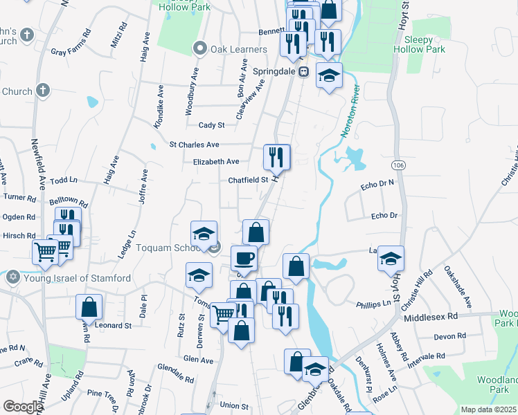 map of restaurants, bars, coffee shops, grocery stores, and more near 680 Hope Street in Stamford