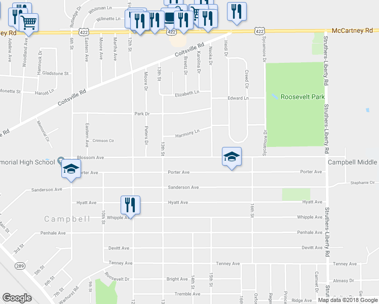 map of restaurants, bars, coffee shops, grocery stores, and more near 478 Blossom Avenue in Campbell