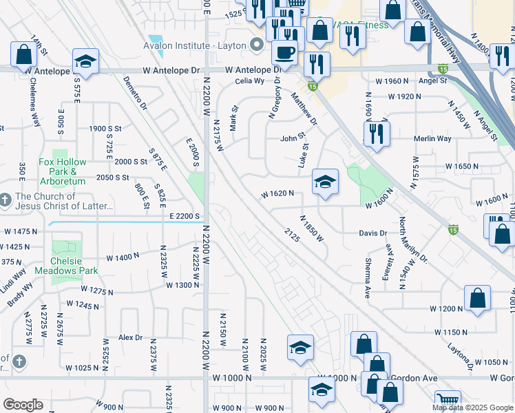 map of restaurants, bars, coffee shops, grocery stores, and more near 1617 North Celia Way in Layton