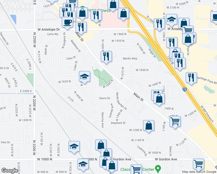 map of restaurants, bars, coffee shops, grocery stores, and more near 1608 Davis Drive in Layton