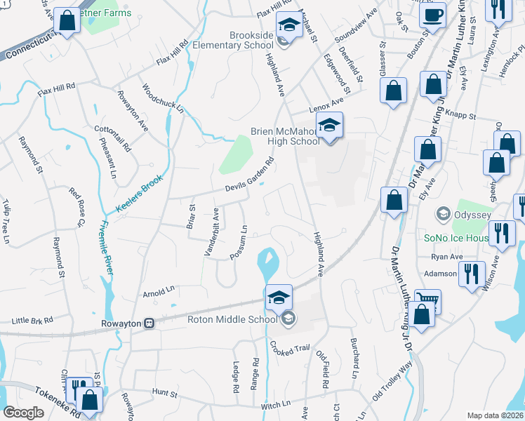 map of restaurants, bars, coffee shops, grocery stores, and more near 91 Rowayton Woods Drive in Norwalk