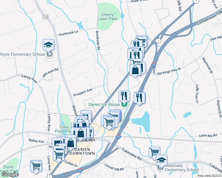 map of restaurants, bars, coffee shops, grocery stores, and more near in Darien