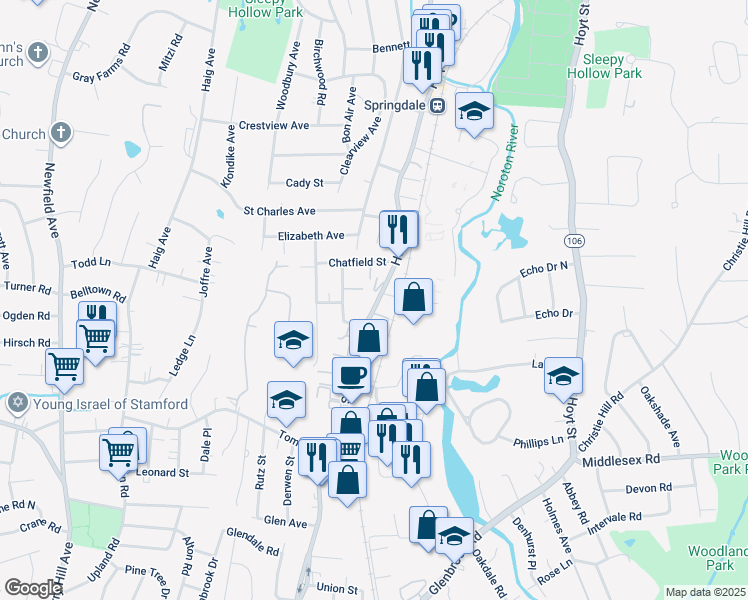 map of restaurants, bars, coffee shops, grocery stores, and more near 654 Hope Street in Stamford