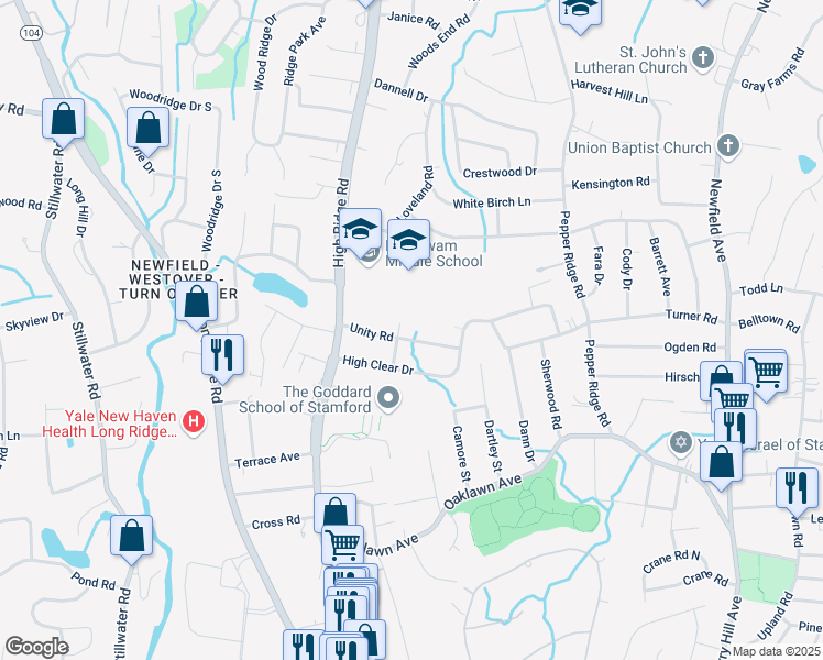 map of restaurants, bars, coffee shops, grocery stores, and more near 59 Unity Road in Stamford