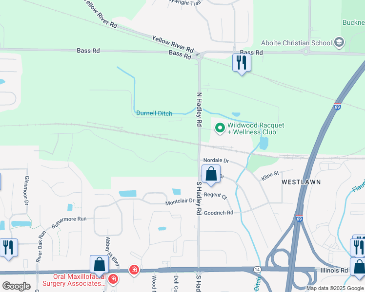 map of restaurants, bars, coffee shops, grocery stores, and more near 110 South Hadley Road in Fort Wayne