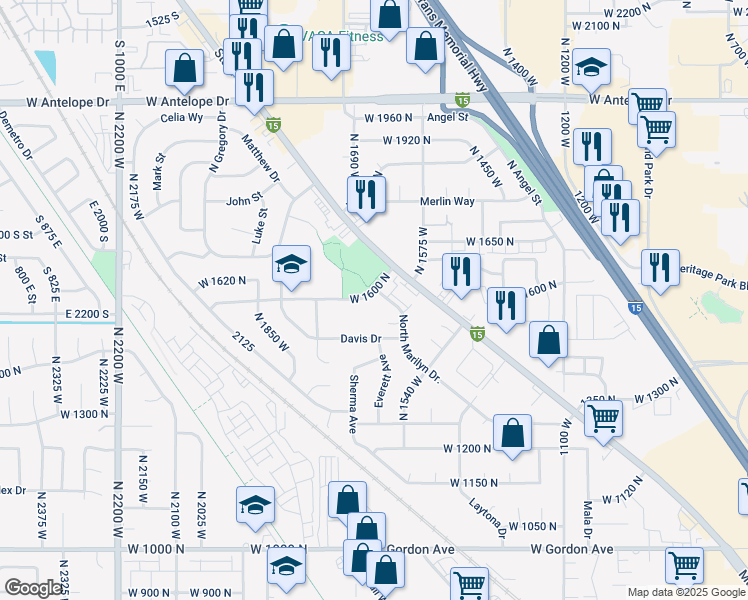 map of restaurants, bars, coffee shops, grocery stores, and more near 1591 North Marilyn Drive in Layton