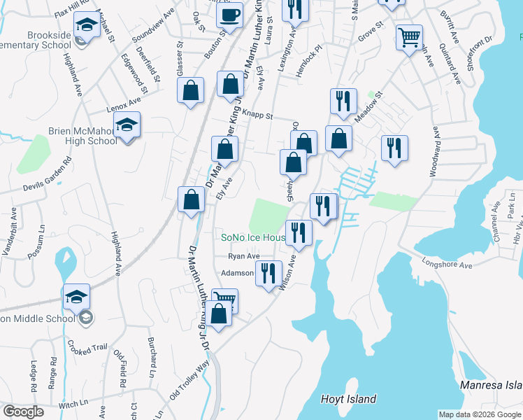 map of restaurants, bars, coffee shops, grocery stores, and more near 11 Ingalls Avenue in Norwalk