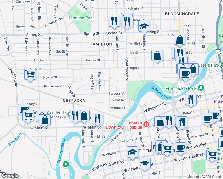 map of restaurants, bars, coffee shops, grocery stores, and more near 1014 Saint Marys Avenue in Fort Wayne