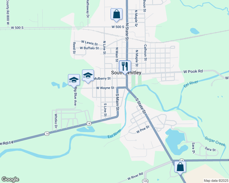 map of restaurants, bars, coffee shops, grocery stores, and more near 100-198 West Poplar Street in South Whitley