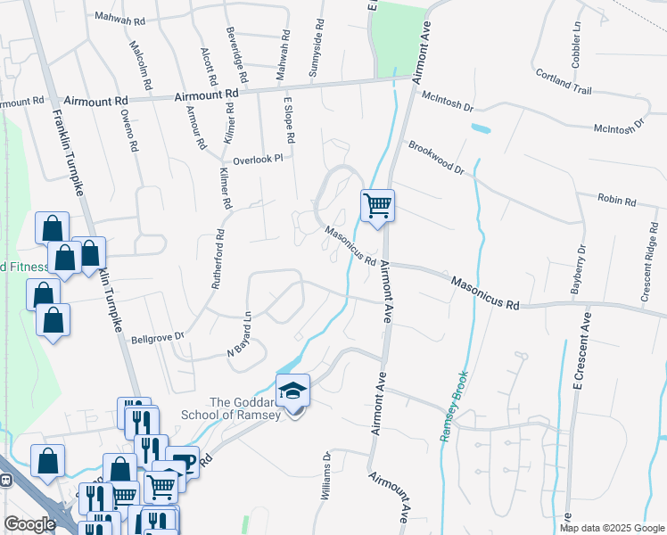 map of restaurants, bars, coffee shops, grocery stores, and more near 1059 Cambridge Court in Mahwah