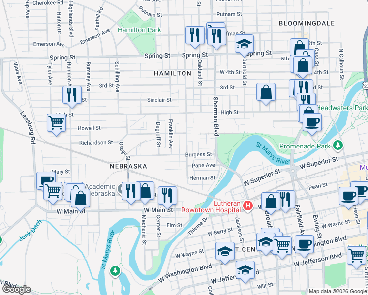 map of restaurants, bars, coffee shops, grocery stores, and more near 1017 Saint Marys Avenue in Fort Wayne