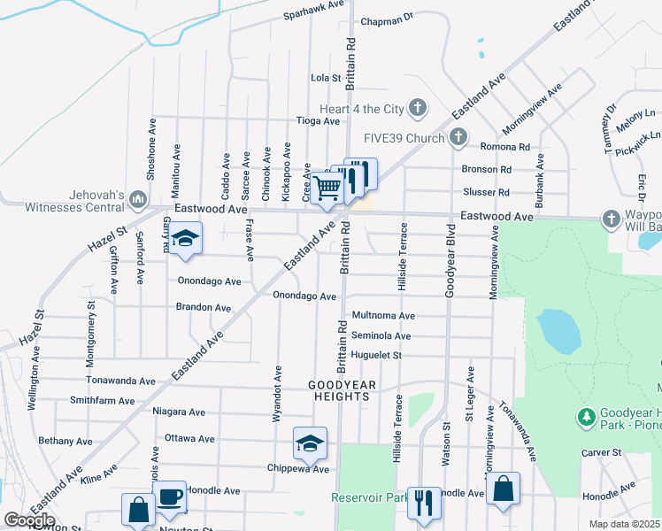 map of restaurants, bars, coffee shops, grocery stores, and more near 742 Brittain Road in Akron