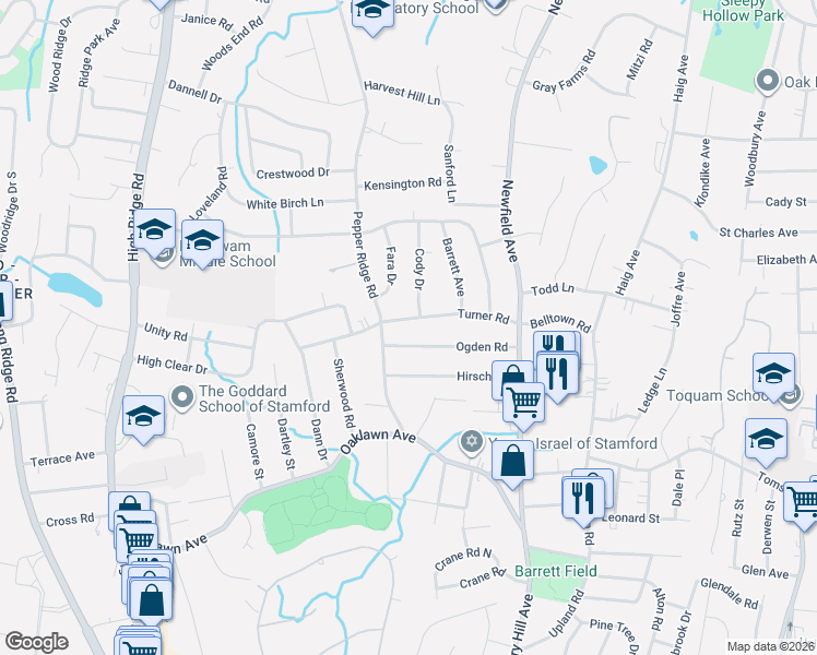 map of restaurants, bars, coffee shops, grocery stores, and more near 9 Fara Drive in Stamford