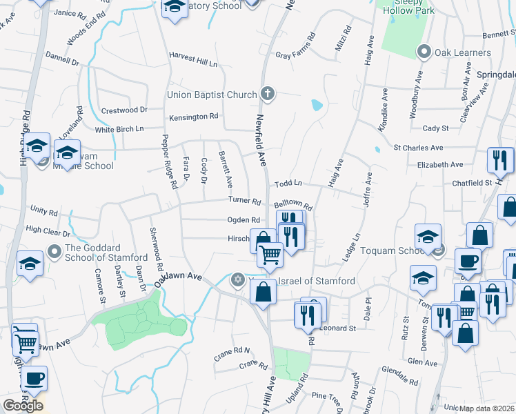 map of restaurants, bars, coffee shops, grocery stores, and more near 688 Newfield Avenue in Stamford