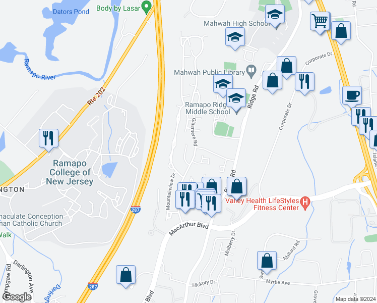 map of restaurants, bars, coffee shops, grocery stores, and more near 624 Blue Ridge Lane in Mahwah