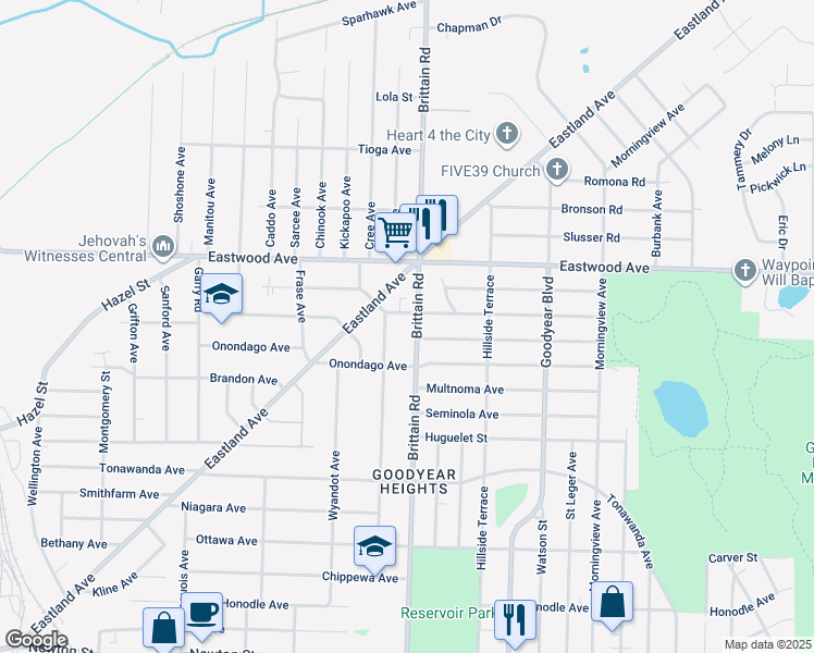 map of restaurants, bars, coffee shops, grocery stores, and more near 766 Brittain Road in Akron