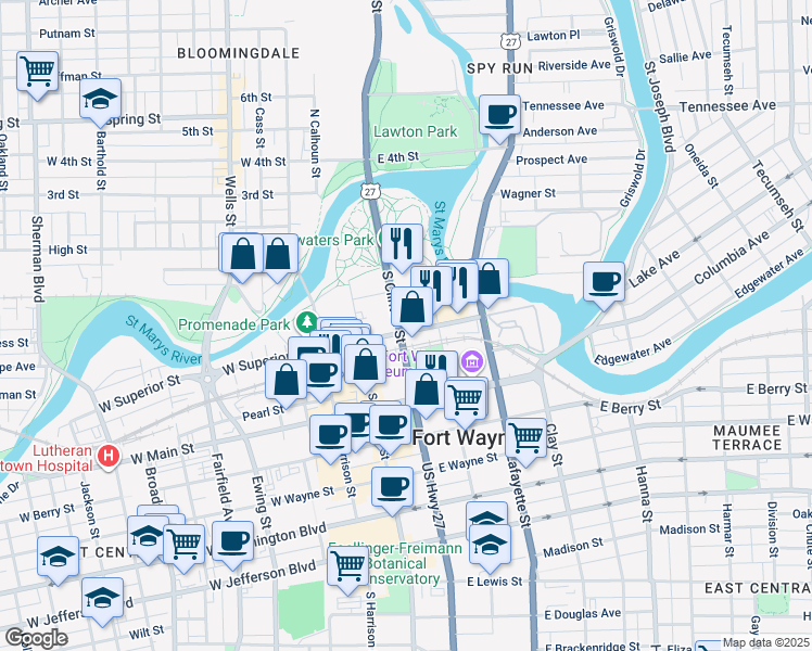 map of restaurants, bars, coffee shops, grocery stores, and more near 333 South Clinton Street in Fort Wayne