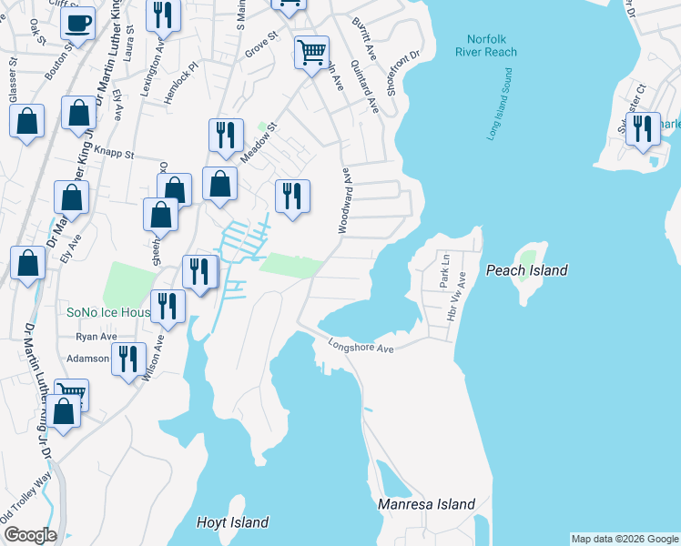 map of restaurants, bars, coffee shops, grocery stores, and more near 11 Sable Street in Norwalk