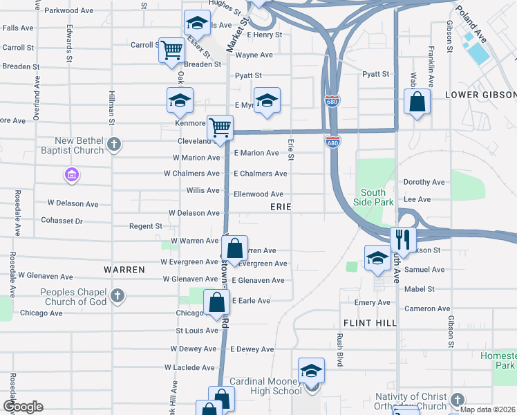 map of restaurants, bars, coffee shops, grocery stores, and more near 46 Ellenwood Avenue in Youngstown