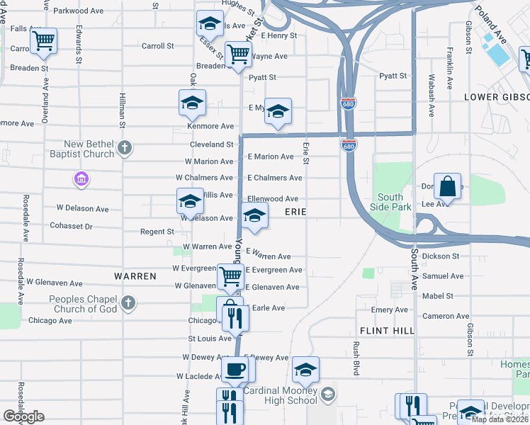 map of restaurants, bars, coffee shops, grocery stores, and more near 46 Ellenwood Avenue in Youngstown
