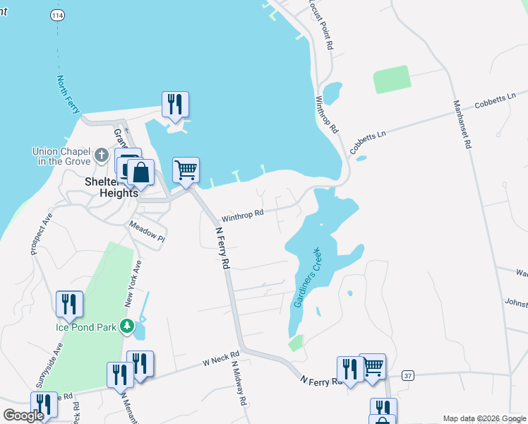 map of restaurants, bars, coffee shops, grocery stores, and more near 13 Winthrop Road in Shelter Island Heights