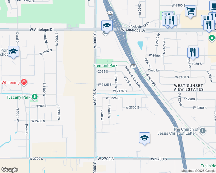 map of restaurants, bars, coffee shops, grocery stores, and more near 2899 West 2125 South in Syracuse