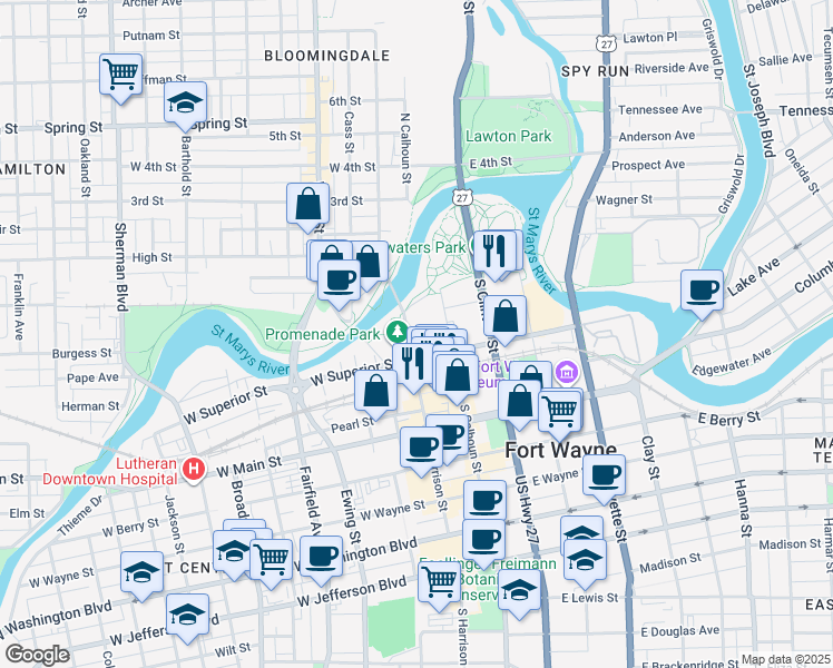 map of restaurants, bars, coffee shops, grocery stores, and more near 199-101 Clair Avenue in Fort Wayne