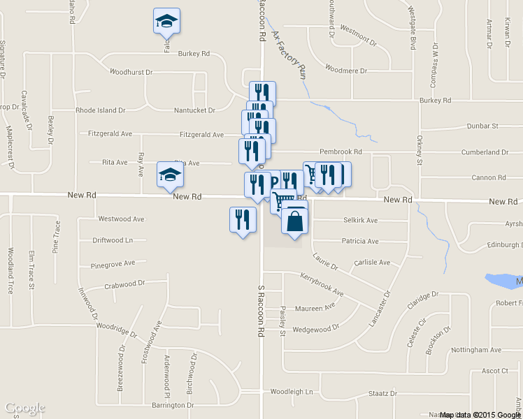 map of restaurants, bars, coffee shops, grocery stores, and more near 1722 S Raccoon Rd in Youngstown