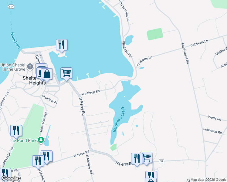 map of restaurants, bars, coffee shops, grocery stores, and more near 29 Winthrop Road in Shelter Island