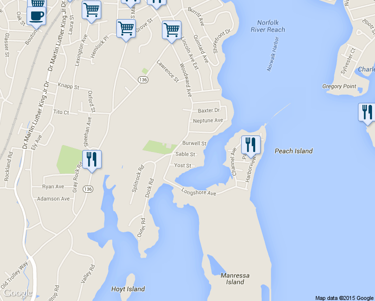 map of restaurants, bars, coffee shops, grocery stores, and more near 2 Burwell Street in Norwalk