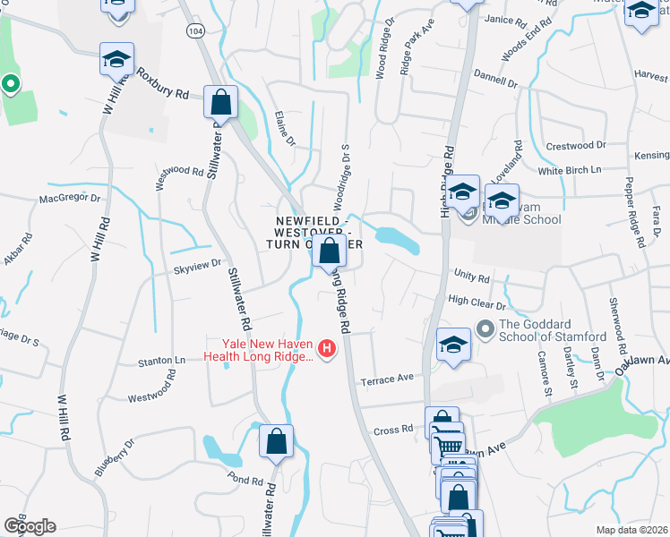 map of restaurants, bars, coffee shops, grocery stores, and more near 15 Wishing Well Lane in Stamford