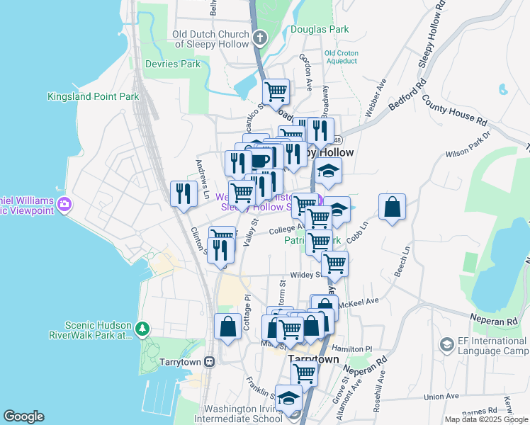 map of restaurants, bars, coffee shops, grocery stores, and more near 185 Valley Street in Sleepy Hollow