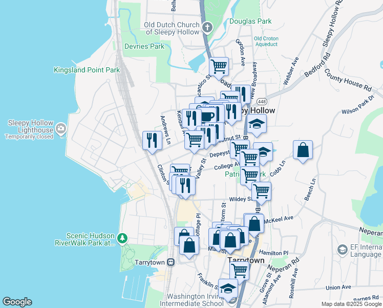 map of restaurants, bars, coffee shops, grocery stores, and more near 177 Cortlandt Street in Sleepy Hollow