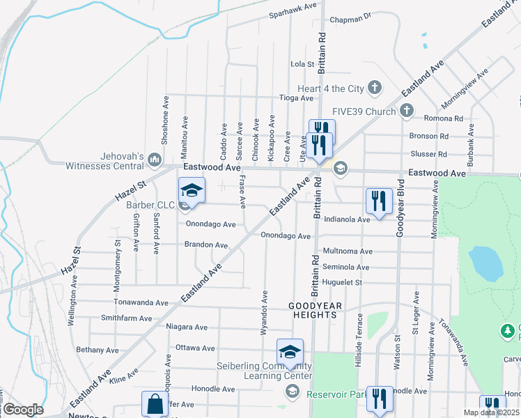 map of restaurants, bars, coffee shops, grocery stores, and more near 1359 Leonora Avenue in Akron